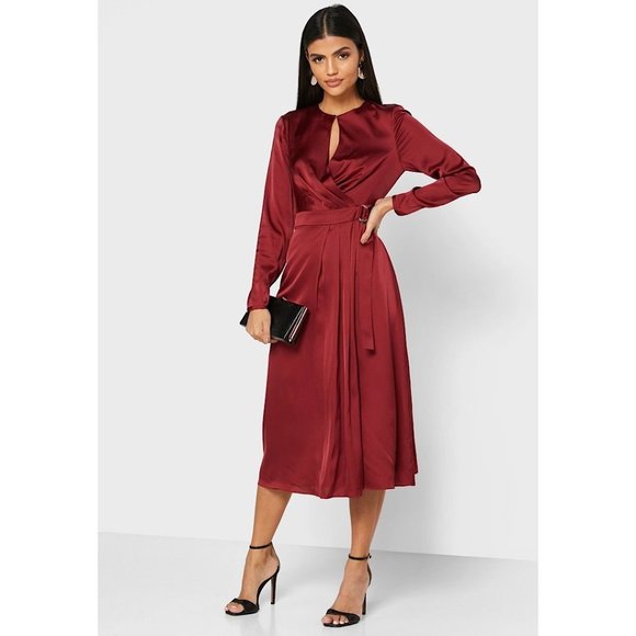 NWT Ted Baker London Neenha Long Sleeve Satin Midi Wrap Dress Red 1 - Picture 2 of 12
